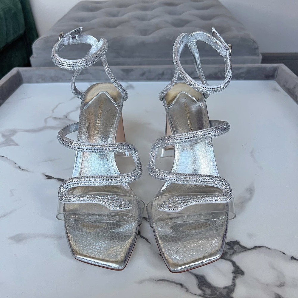 NWOB Antonio Melani Silver Strappy Heels‎ Sandals Silver Rhinestones Size 6M